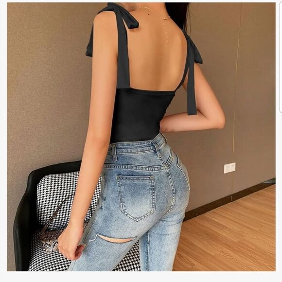 Umenlele Women's Satin Ruched Sleeveless Tie Shoulder Square Neck Bodysu…Large - Picture 5 of 14